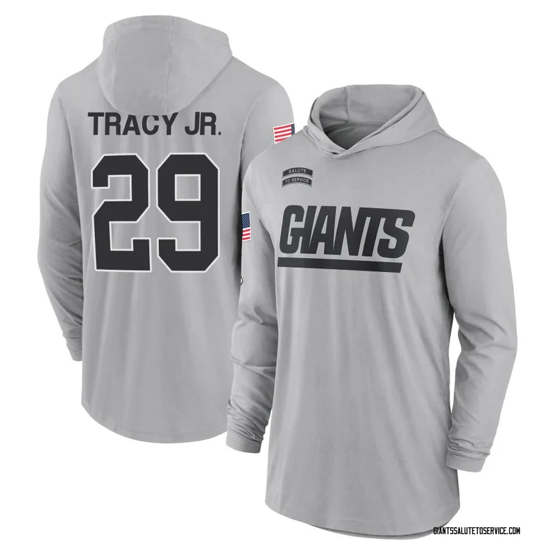 Men's Tyrone Tracy Jr. New York Giants Gray 2024 Salute to Service Lightweight Performance Long Sleeve Hooded T-Shirt