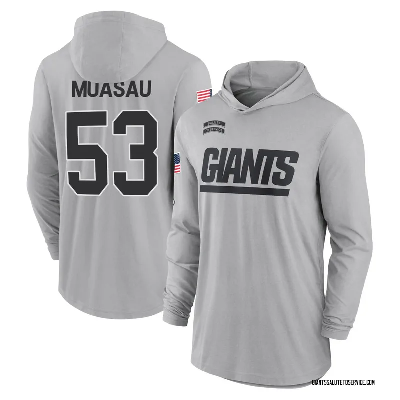 Youth Darius Muasau New York Giants Gray 2024 Salute to Service Lightweight Performance Long Sleeve Hooded T-Shirt
