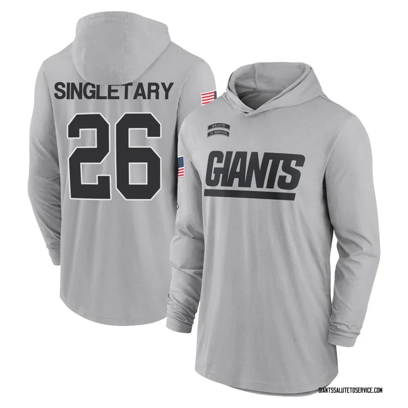 Youth Devin Singletary New York Giants Gray 2024 Salute to Service Lightweight Performance Long Sleeve Hooded T-Shirt