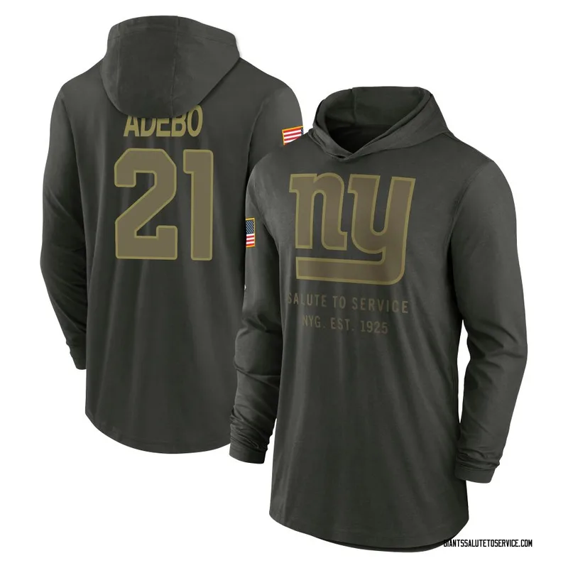 Youth Paulson Adebo New York Giants Green Forest/ 2025 Salute to Service Sideline Lightweight Hooded Pullover Long Sleeve T-Shir