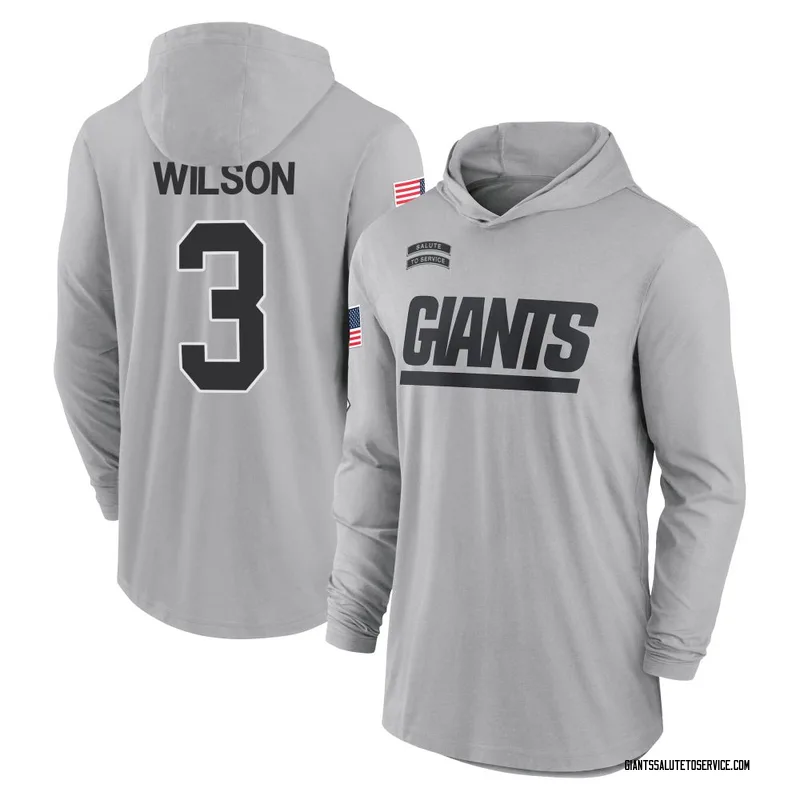Youth Russell Wilson New York Giants Gray 2024 Salute to Service Lightweight Performance Long Sleeve Hooded T-Shirt